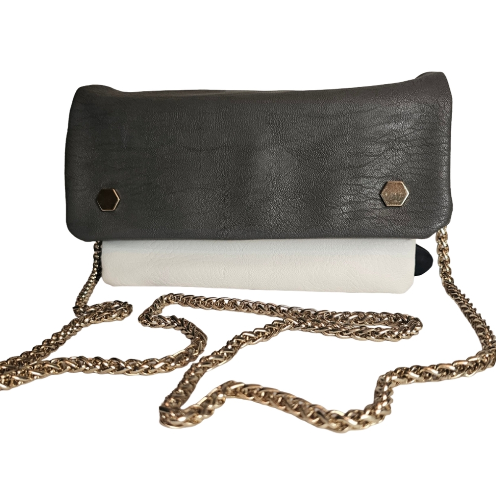 [CESCA] Gray, Wht & Blk Vegan Leather Crossbody Bag/Clutch Removable Gold Chain